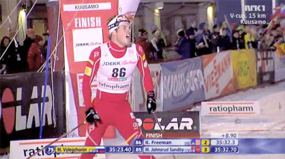 Kris Freeman at the finish of a race in Finland last year.