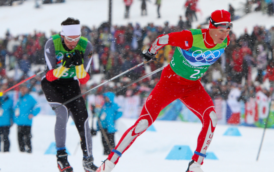Todd Lodwick (right) competing in the Vancouver Olympics, where he earned a silver medal in the team event.