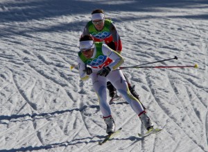 Evi Sachenbacher-Stehle battling Charlotte Kalla of Sweden as she skied to a gold medal in the team sprint at the Vancouver Olympics.