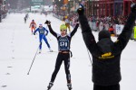 Brian Gregg greeting his fiance Caitlin Compton as she wins the Birkie. Photo: David Owen.