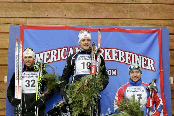 The 2011 American Birkebeiner men's podium (from left to right): with France's Benoit Chauvet in second, Norway's Tore Martin Gundersen in first and Russia's Andrey Tyuterev in third. (Photo: Andy Caniff/Swix Sport USA)