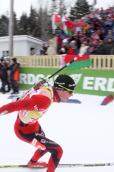 Tarjei Bø racing in Presque Isle, Maine, in February 2011. Finishing fourth and sixth in individual races there helped him claim the first overall World Cup title of his career, but this season he's not excited to go back.