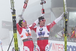 Kershaw (L) and Alex Harvey (R) celebrating their team sprint victory at the 2011 World Championships. Photo, Hemmersbach/NordicFocus 