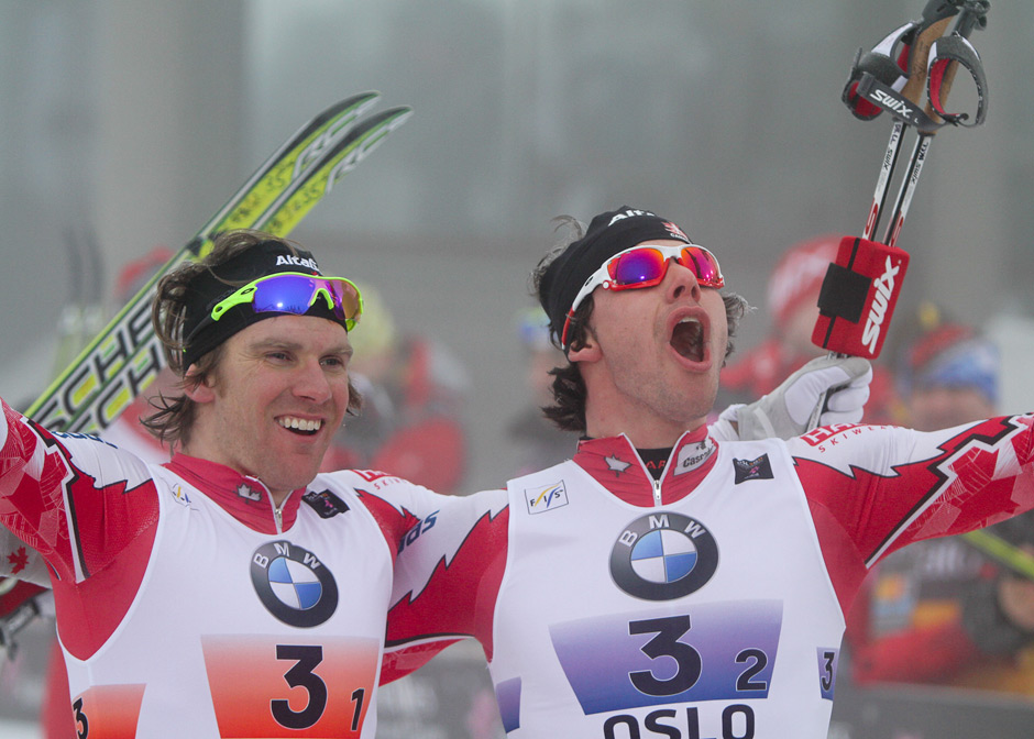 Alex Harvey (R) and Devon Kershaw (L) celebrating their World Championships gold in 2011 in Oslo.