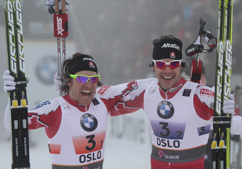 That's the moment: Kershaw and Harvey celebrate their World Championship gold medal in the team sprint in Oslo, 2011.