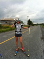 Perianne Jones of the Canadian Cross Country Ski Team sips water at a turnaround point while rollerskiing near her hometown of Almonte, Ontario, on August 15.