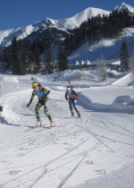 Chloe Chevalier of France leads Anna Kubek down the first descent