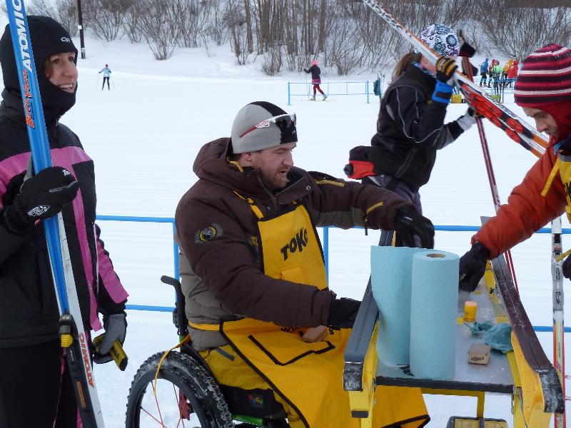 Rossignol tech rep Ira Edwards provides race support at a race at Kincaid Park in Anchorage, Alaska.