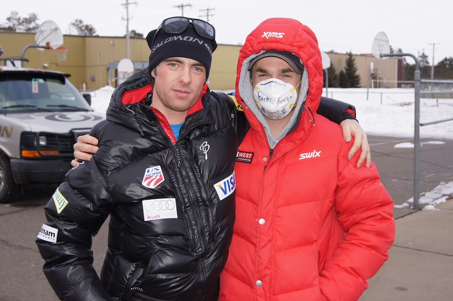 Tad Elliott (l) and Matt Liebsch (r) outside the American Birkebeiner expo, clearly ready for Saturday's 50 k skate race. Courtesy photo.