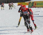 Billy Demong leading the chase group in the 10 k Gundersen competition in the Nordic Combined World Cup on Sunday in Val di Fiemme, Italy. Photo: Fiemme2013