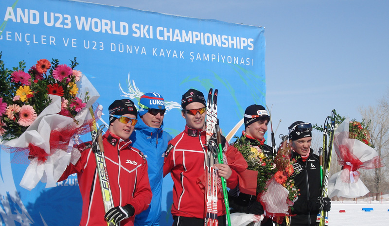 World Junior men's podium (l to r): Sindre Bjoernestad Skar (NOR) 2nd place, Sergey Ustiugov (RUS) 1st place, Sondre Turvoll Fossli (NOR) 3rd place, Roman Schaad (SUI) fourth place and Emil Vokuev (RUS) fifth place.