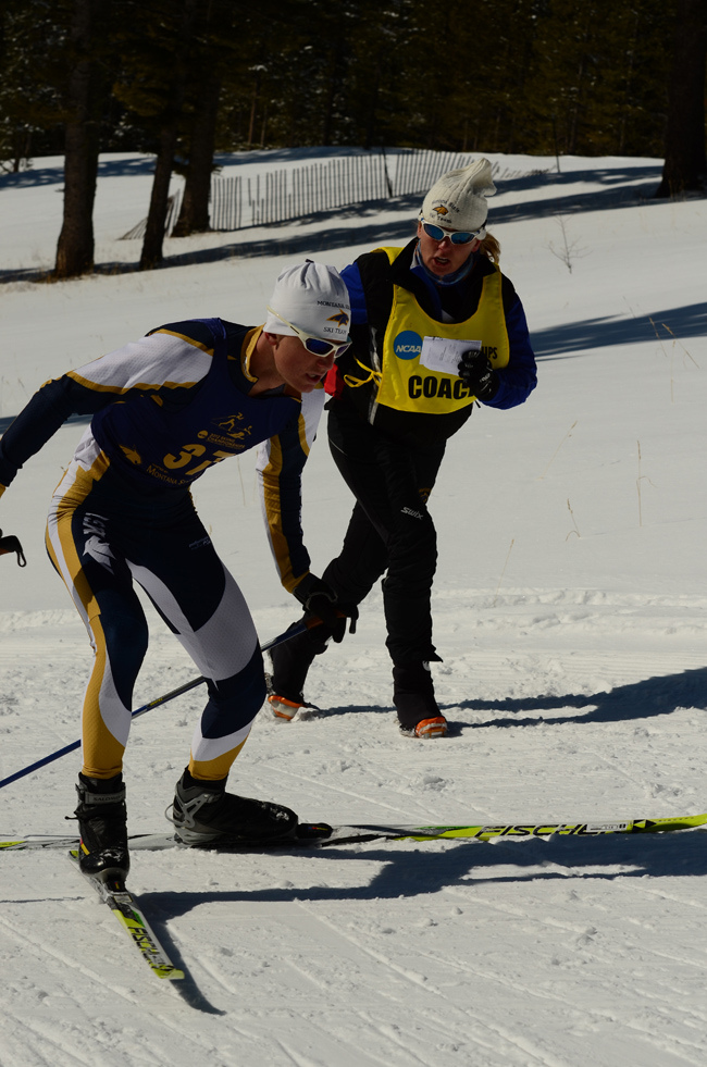 Gethe Hagensen runs along former Montana State University athlete Tyler Reinking in the 2012 NCAA Championship in Bozeman, Mont. Grethe was head nordic coach at the university for a decade. (Photo: Stuart Jennings)