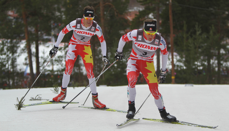 Kershaw giving Valjas a ride up the mini-Mördarbacken 15km freestyle pursuit, 2012