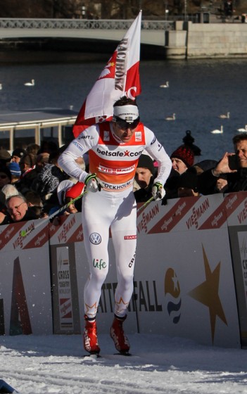 Sweden's Teodor Peterson, seen here double poling to the third fastest qualification time, pleased the home fans by taking second on the day.