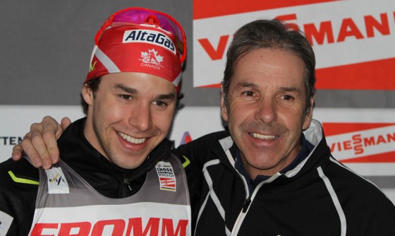 Alex Harvey and his father, Pierre, embrace after Alex Harvey won the 3.3 k freestyle sprint at the World Cup Finals in Falun, Sweden, on Friday. Harvey is a local hero in Quebec and will return for the Canadian nationals next week.