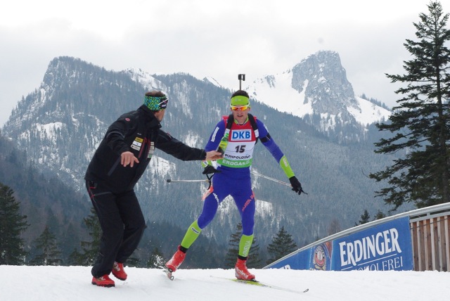 Jakov Fak of Slovenia fueling up en route to a World Championship title in the 20 k individual at 2012 World Championships in Ruhpolding, Germany.
