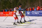 Canadian National Team members Devon Kershaw (l) and Alex Harvey snowplow before the finish of the 50 k classic mass start at Canadian Ski Nationals on Saturday. The finished together to tie for the win at Mont Sainte-Anne, Quebec.