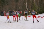 Alex Harvey (l) tries to stay on his feet while breaking his pole just after the start of his quarterfinal in the 1.4 k freestyle sprint at Canadian Ski Nationals on Thursday.