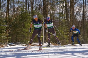 After five months on the World Cup circuit, Liz Stephen (l), Kikkan Randall and Holly Brooks (r) duke it out behind Jessie Diggins (not shown) on one of 20 laps in the 30 k freestyle mass start at U.S. Distance Nationals on Friday in Craftsbury, Vt.