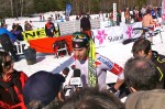 Alex Harvey talks to reporters after winning the 15 k freestyle at Canadian Ski Nationals in Mont Sainte Anne, Quebec, on March 20.