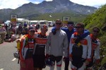U.S. Nordic Combined team members, Bryan Fletcher (l) and Taylor Fletcher (second from left)  at Stage 11 of the Tour de France just 1 kilometer from the top of the Col de la Madeleine with their cycling trip's VIP members Walter McCormack (c), Jon Schafer (third from right), Eric Oberg, and Jed Hinkley (r). (USST photo)