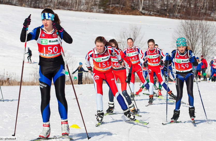 The 7th- and 8th-grade girls' race crosses a field at the Strafford Nordic Center during the 2012 Silver Fox Trot. Photo: Dave Kynor. 