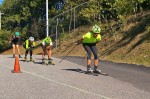 Sophie Caldwell (r) leads Ida Sargent (second from r), Caitlin Patterson (second from left), Jessie Diggins (behind Patterson) and Anne Hart (l) at the start of the big downhill in the first semifinal of the women's 1.4 k classic rollerski sprint on Thursday. The time trial was the first of this year's USST Elite Camp in Lake Placid, N.Y. and took place at the Olympic Jumping Complex.