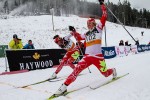 Canadian National Ski Team member Chandra Crawford (r) beats teammate Perianne Jones by 0.2 seconds to win the inaugural WinSport Frozen Thunder Classic sprint on Friday in Canmore, Alberta. (Cross Country Canada/James Cunningham photo: cccski.com)