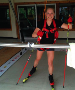 Zina Kocher taking advantage of the new rollerski treadmill in Canmore. Photo: Biathlon Canada.