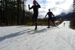 Alberta World Cup Academy skiers Brent McMurtry and Phil Widmer skating on the 1.8 k manmade course at Frozen Thunder on its opening day, Oct. 13. (Devon Kershaw courtesy photo / devonkershaw.com)