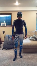 Billy Demong sporting an FIS-regulation form-fitting jump suit in April. This fall, FIS reevaluated the zero-centimeter-of-space rule to allow up to 2 centimeters of extra fabric. (Demong photo: Twitter.com/BillyDemong)