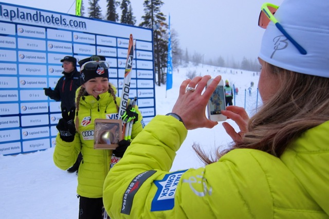 Holly Brooks snaps a photo of USST teammate Liz Stephen on Sunday after Stephen placed second to Justyna Kowalczyk in the 10 k freestyle individual start in Muonio, Finland. (Brooks courtesy photo)