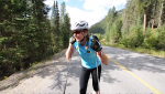 Dasha Gaiazova takes a break from rollerski training near Canmore, Alberta, while filming the video 'Dasha2: It Takes More' by Twin Zebra.