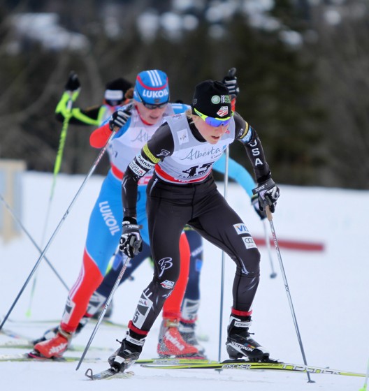 Ida Sargent leads a chase group in the skate leg of the Alberta World Cup 15 k skiathlon on Sunday. She went on to place 14th for her second-best distance result.