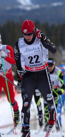 Hoffman up at the front in the classic portion of the Canmore World Cup 30 k skiathlon.