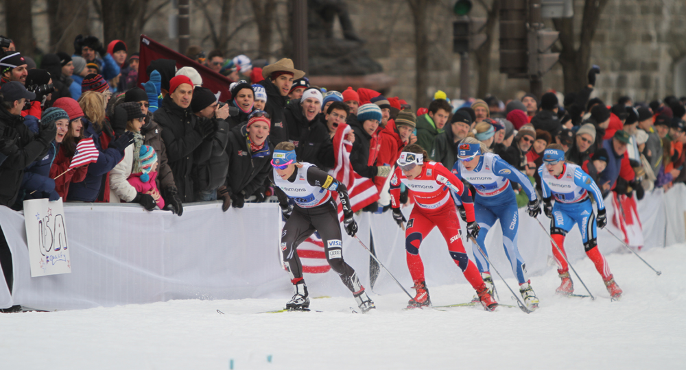 Kikkan Randall leading Norway's Maiken Kaspersen Fallain the city sprint in Quebec City in December 2012.