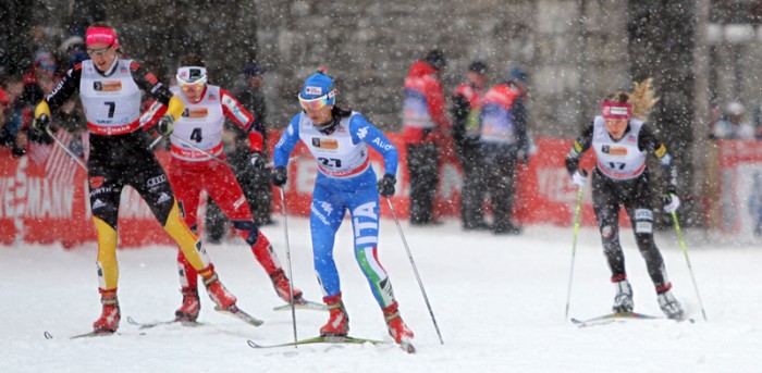 Gaia Vuerich (ITA) leading Denise Herrmann (GER), Maiken Caspersen Falla (NOR) and Jessie Diggins (USA) in the quarterfinals.