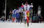 Canadian Alex Harvey in Sunday's Tour de Ski pursuit; after a longer skate pursuit today, from Cortina to Toblach, Italy, Harvey sits in sixth place in the overall Tour rankings, 1:40 from leader Petter Northug. (Marcel Hilger photo)