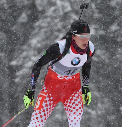 Canadian Rosanna Crawford placing a season-best 12th in the 7.5 k sprint at the World Cup in Pokljuka, Slovenia, earlier this season. On Wednesday at IBU World Championships, Crawford notched a career-best distance result of 17th in the 15 k individual. (Photo: Nordic Focus/Biathlon Canada)