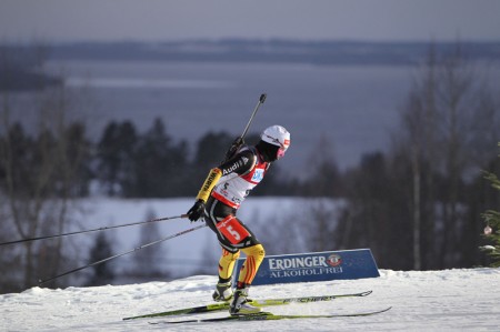 Andrea Henkel en route to a podium finish last season in Ostersund. Photo: Fischer/NordicFocus.