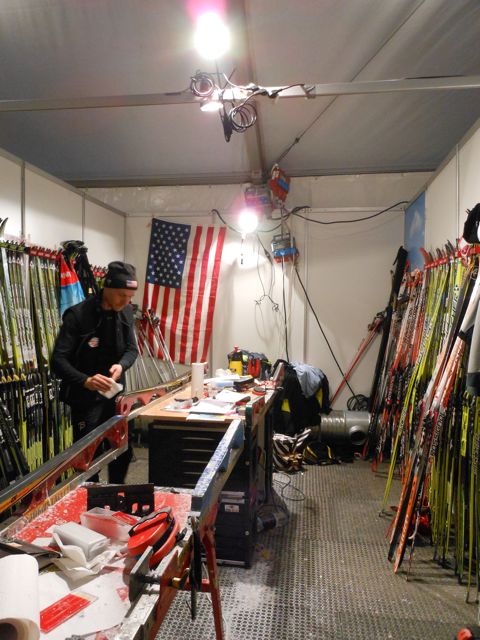 Peter Johansson works on some of the many U.S. skis in preparation for another day of racing in Gallivare, Sweden, in 2012. 