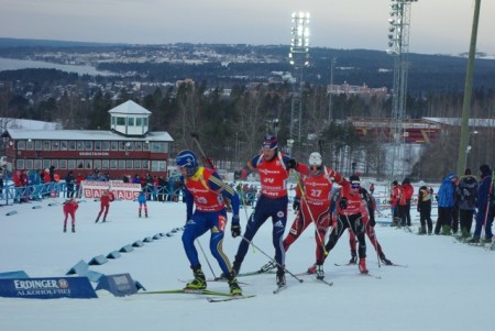 Lowell Bailey (second from left) chases Fredrik Lindstrom of Sweden leading a train in Ostersund last season.