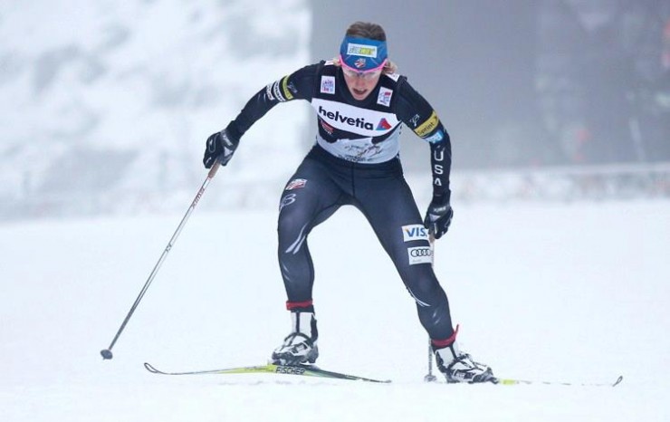 Kikkan Randall blasting to victory in the Tour de Ski opening prologue on Saturday. She skied to 14th in the pursuit on Sunday and is leading the U.S. women in the Tour de Ski standings after two stages. Photo: Marcel Hilger.