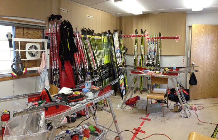 The Gear West wax room at the Alberta World Cup in Canmore in mid-December.