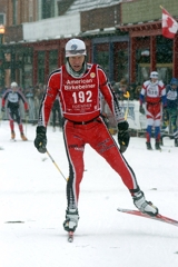 Dave Langraf in his red "Founder" bib, still starting and finishing strong in the Elite wave of the 2011 Birkie. (ABSF photo)