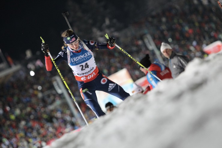 Annelies Cook (USA) en route to a career-best 26th place in Ruhpolding last weekend; in Anztholz, Italy, today, she bested that mark by placing 18th.