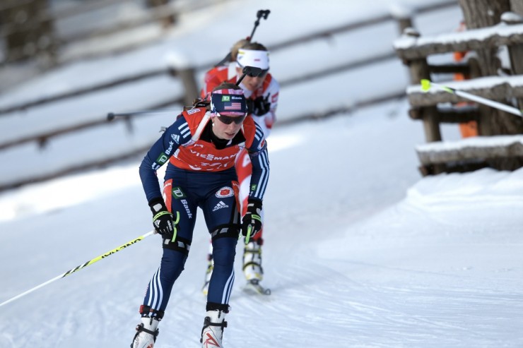 Annelies Cook racing in Antholz, Italy, earlier this season. Photo: USBA/NordicFocus.