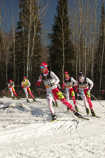Graham Nishikawa, 29, leads some Alberta World Cup Academy teammates, including Jesse Cockney (207) and Kevin Sandau (202) in the skate leg of Thursday's NorAm 30 k skiathlon at Lappe Nordic in Thunder Bay, Ontario. Nishikawa won the race to earn a trip to 2013 World Championships.
