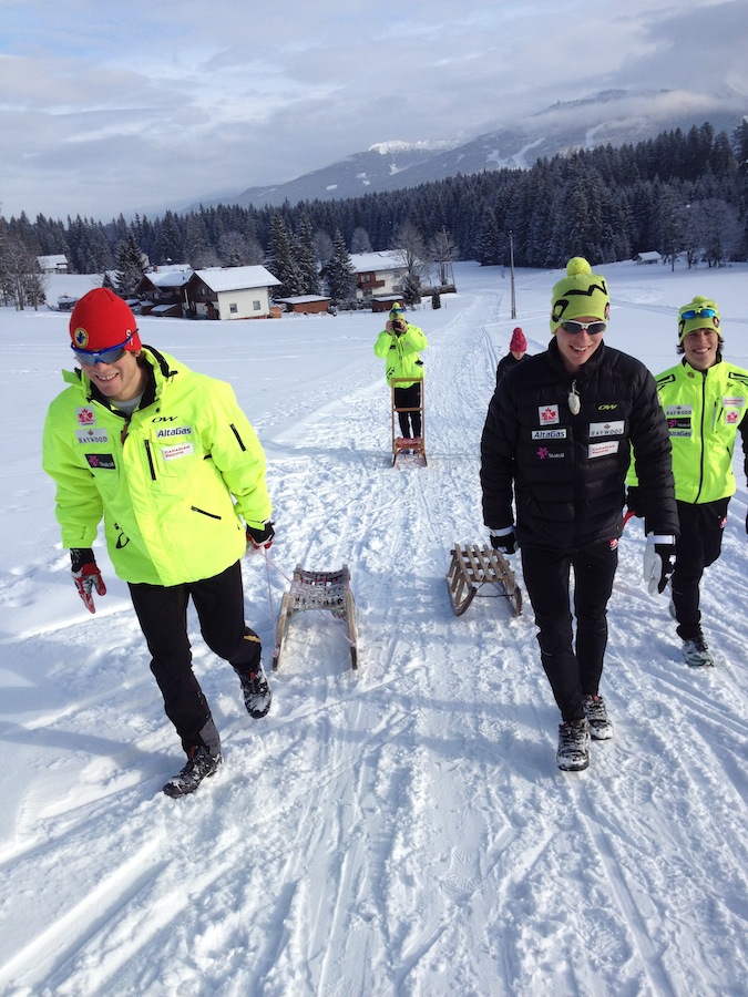 Patrick Stewart-Jones, Colin Abbot and Andy Shields drag some sleds on Jan. 14 in Ramsau, Austria. The Canadian Junior/U23 World Championships team spent about a week training there leading up to the event in Liberec, Czech Republic. (Photo: Heidi Widmer)