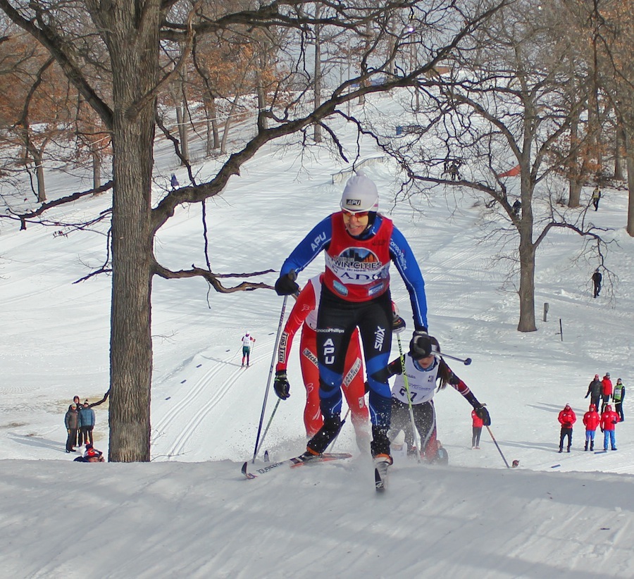 Rosie Brennan (APU) leading over the "wall" in Wirth Park during the 15 k classic mass start on day 2 of the Tour de Twin Cities on Sunday in Minneapolis. Brennan was second behind Jennie Bender (CXC), who won by 6.6 seconds. (Photo: Reese Hanneman/EngineRoom Media.net)